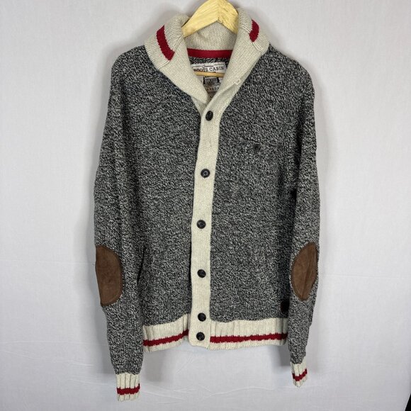 Roots Cabin Shawl Collar Sweater XL Men’s Wool Blend Elbow Patches Gray Red Knit - Picture 1 of 7